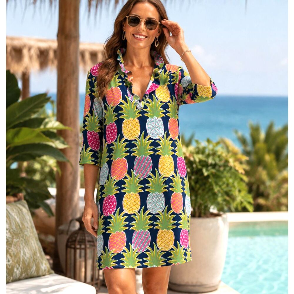 Simply Southern Pineapple Dress Womens M Blue Tropical Preppy Beach